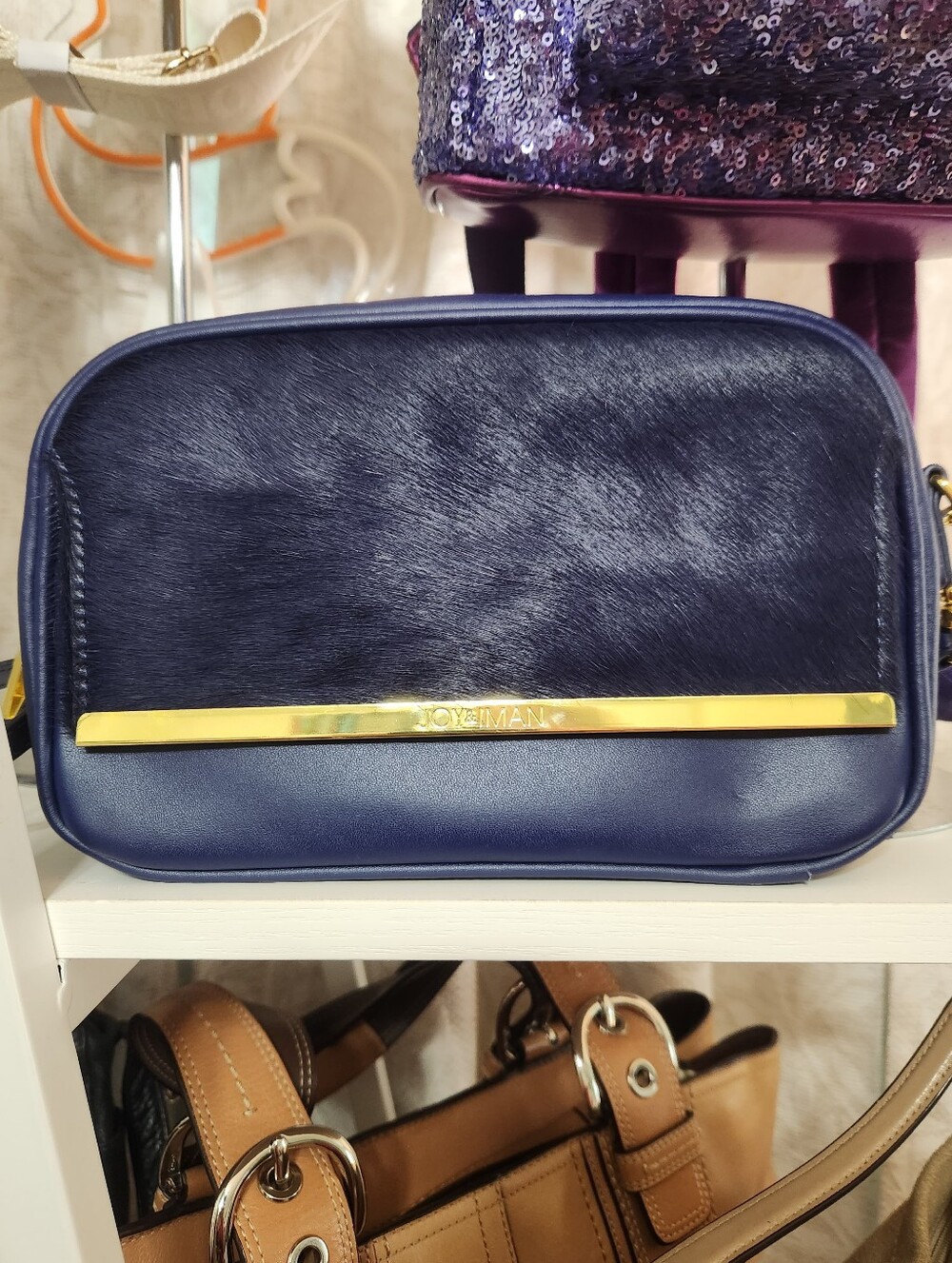 Joy & Iman Navy Blue Crossbody Bag with Calves Hair